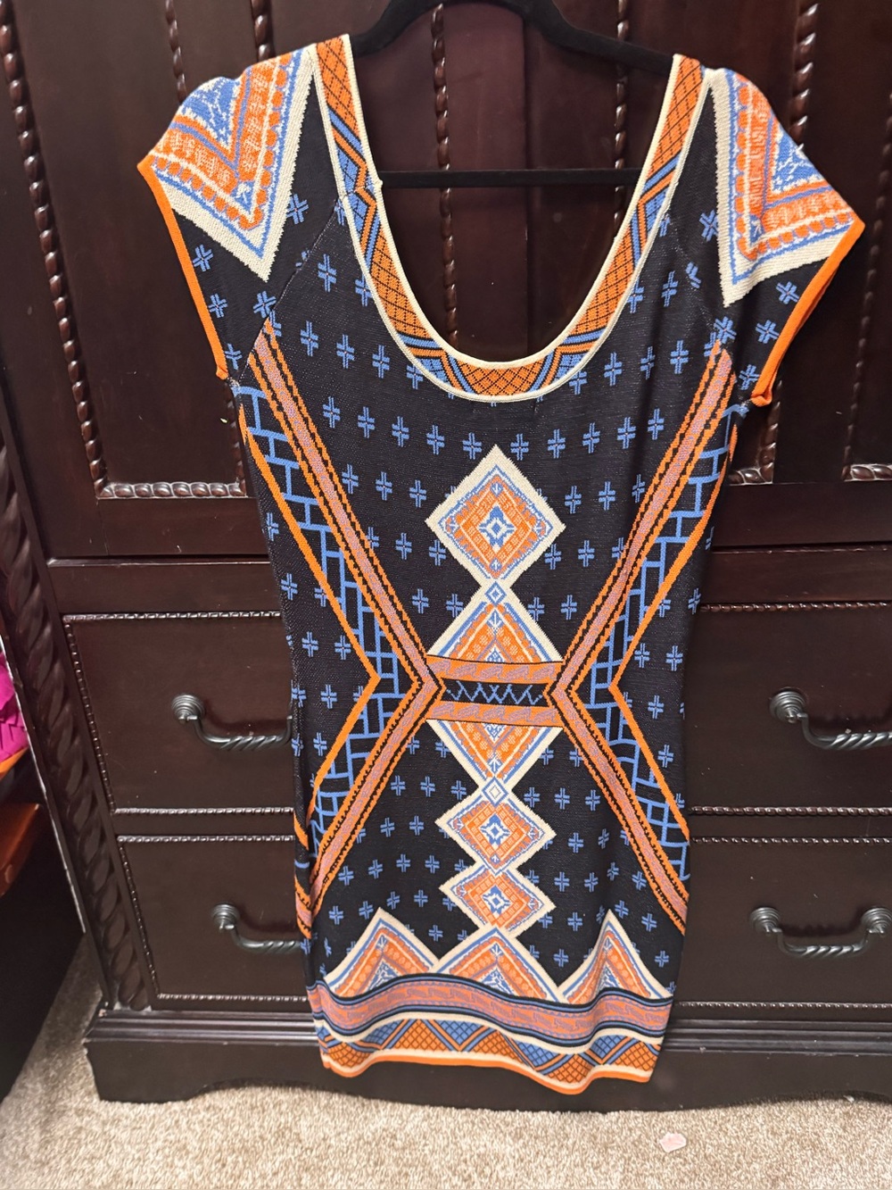 Black Geometric Print Scoop Neck Women's Dress - Orange & Blue